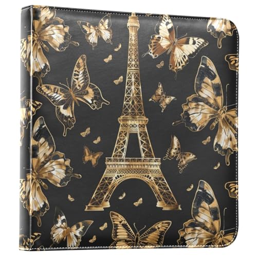 JIPONI Butterflies Eiffer Tower Large Photo Album, DIY Leather Cover Scrapbook Albums for 4x6 5x7 6x8 Pictures, Self Adhesive Memory Book for Wedding, Baby, Family