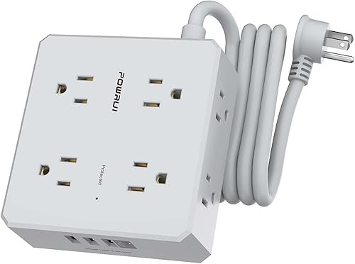 Regleta protectora de sobretensiones  Cable de extensión de enchufe plano de 6 pies con 8 tomas amplias y 4 puertos USB (1 USB C), extensor de 3
