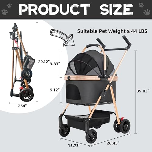 Tokenkuko Pet Stroller,Foldable Dog Jogger Stroller,Foldable Pet Travel Carrier,3 in 1 Folding Dog Stroller,Easy Lock NO-Zip Canopy with Detachable Carrier and Storage for Small or Medium Dogs Cats