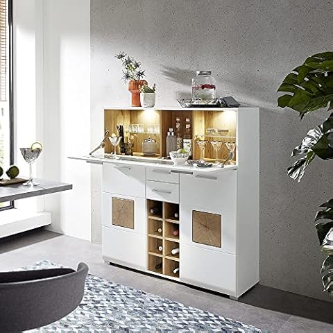 Lomadox Barschrank Hausbar Weinschrank Minibar matt weiß mit Eiche Nb. und LED Beleuchtung, B/H/T: ca. 120/129/37 cm Cover