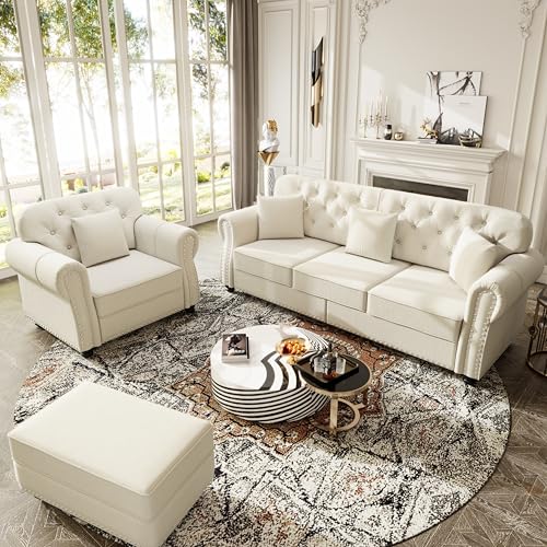 Image of KEIKI 2-Piece Chesterfield Sofa Set with 1 Velvet 3-Seater Sofa & 1 Single Sofa, Upholstered 4-Seater Couch Set with Nailhead Trim & Rolled Arms & 1 Ottoman & 4 Pillow, for Living Room, White