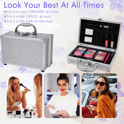 AOLIKOKO Makeup Kit for Teenager & Women Full Kit, All in One Makeup Set With The Small Cosmetic Train Case, Professional Makeup Kit, Makeup Gift Set for Women Girls (silver)