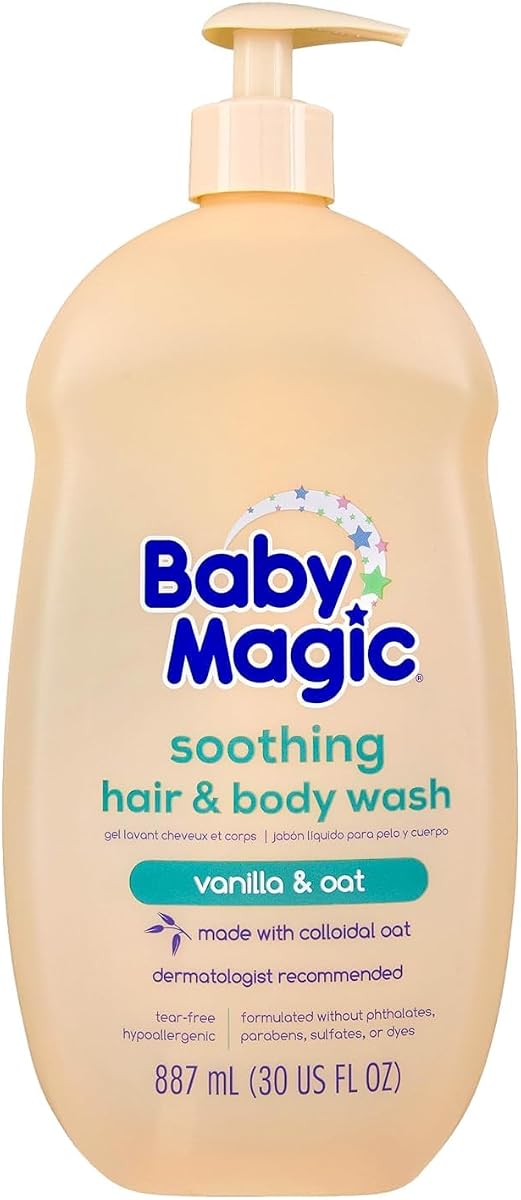 Baby Magic Gel corporal y para el cabello calmante, aroma de vainilla y avena, 30 Fl Oz | Especialmente formulado para la piel delicada del bebé, sin lágrimas, hipoalergénico, recomendado por el dermatólogo