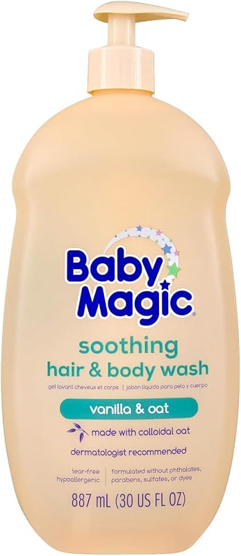 Baby Magic Gel corporal y para el cabello calmante, aroma de vainilla y avena, 30 Fl Oz | Especialmente formulado para la piel delicada del bebé, sin lágrimas, hipoalergénico, recomendado por el dermatólogo