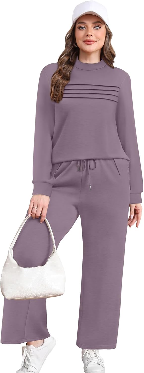 WIHOLL Two Piece Sets for Women Fall Travel Vacation Outfits 2026 Long Sleeve Lounge Sets Side Slit Wide Leg Pants S-3XL - Image 3