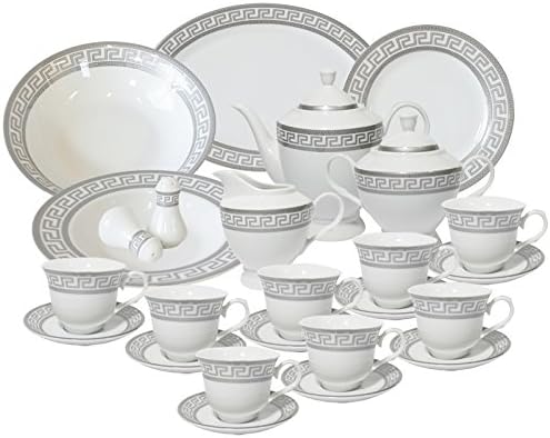 G1347A-49 Set of 49 Pieces White Silver Greek Key Design Dinner Set, Service for 8 Persons, 20 x 15 x 13