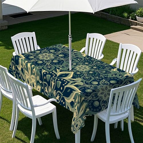 Morbuy Nappe Extérieur avec Trou pour Parasol, Style Ethnique Nappe Extérieur Imperméable Anti Tache Rectangulaire avec Fermeture Éclair, Couverture Table de Jardin (Style Ethnique,213x152cm)