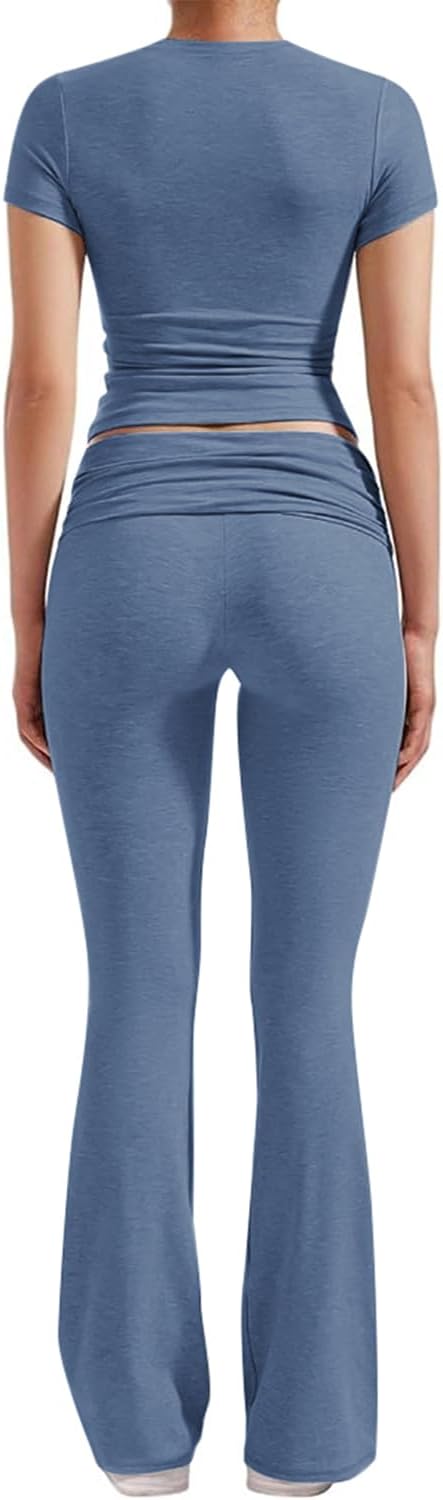 ZFLM Casual Workout Two Piece Outfits for Women Short Sleeve Crop High Waist Foldover Flare Pants Tracksuit Sets Streetwear - Image 4