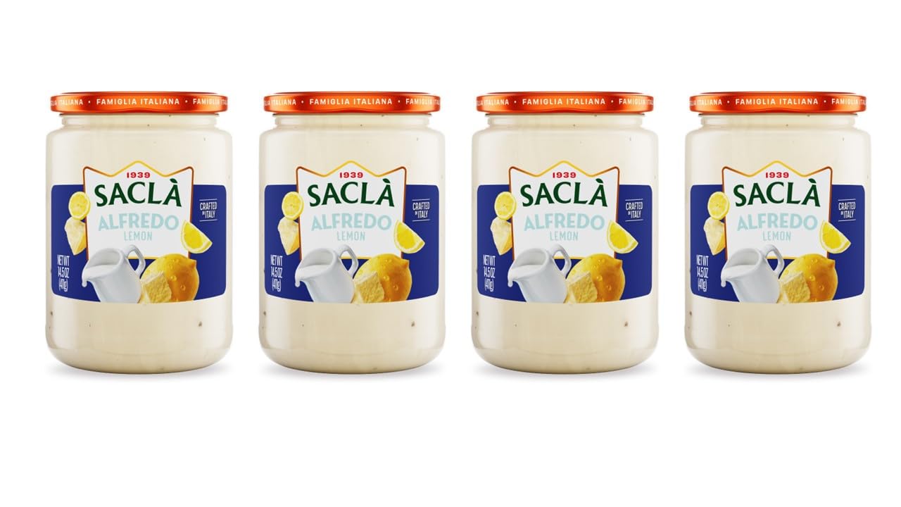 SACLA Alfredo Sauce with Roasted Garlic 4-Pack | Creamy Italian White Pasta Sauce with Cheese, Butter & Slow-Roasted Garlic | FOUR 14.5 oz Glass Jars | Imported from Italy | Non-GMO, Ready-To-Serve