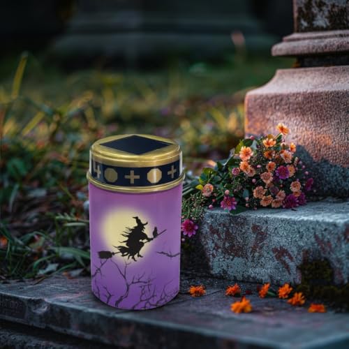 Image of 2 Pcs Witch Cemetery Solar Lights Flameless Candles | Waterproof Grave Lights Cemetery Decor, Halloween Solar Powered Landscape Light for Grave Memorial Gift, Outdoor Use