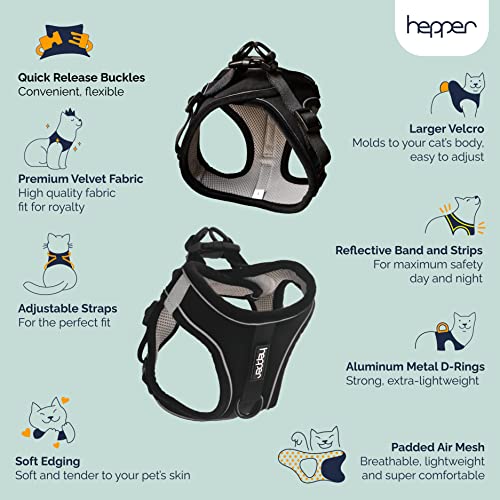 Hepper Cat Harness And Leash Escape Proof Set - Black Tactical Cat Harness With Reflective Safety Strips - Kitten Or Cat Vest/Cat Jacket/Cat Walker (Xl) #TOP2
