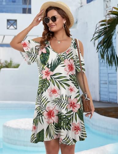 Image of JollieLovin Womens Plus Size Short Sleeve Cold Shoulder V Neck T-Shirt Dress with Pockets