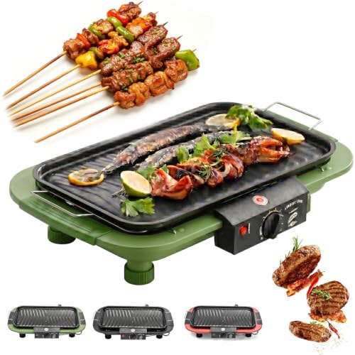 Image of Electric Bbq Grill, 2000W Smokeless Indoor Outdoor Electric Barbecue with Removable Stand, 6 Temp Settings Double Heating Tube for Home Camping Party green