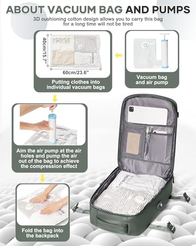 coowoz Vacuum Backpack with Pump Travel Backpack for Women Men Carry On Flight Approved Airplanes Compression Bags for Packing Personal item Travel Bag Essentials Olive Green2