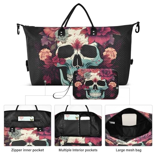 Large Travel Duffel Bag, White Skull Red Daisy Sports Tote Gym Bag, Shoulder Weekender Overnight Bag for Women Men, Carry On Luggage with Toiletry Bags2