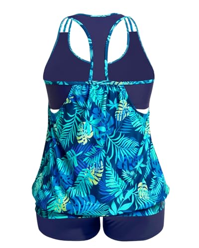 Image of Womens Plus Size Tankini Swimsuit Two Piece Tummy Control Bathing Suit | Blouson Racerback Tankini Top with Shorts, Double Up Design, Removable Pad