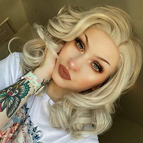 K'ryssma Lace Front Wigs - Fashionable Short Bob Cut Soft Wavy Blonde Wig Medium Length Heat Resistant Glueless Synthetic Wigs for Women 16 Inches + 2 Pcs Free Wig Caps