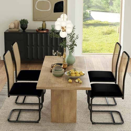 AODAILIHB Dining Room Chair Set of 4, Velvet Rattan Kitchen Chairs with Cane Back & Metal Chrome Legs, Mid-Century Modern Dining Chairs Dinner Chair for Living Room Bedroom (Black, Set of 4)