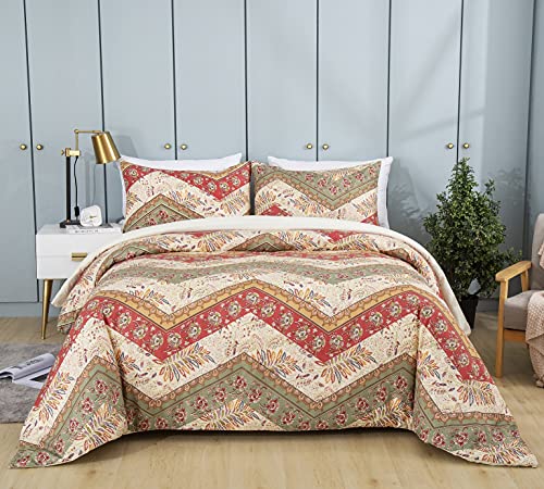 Dadalogy Bedding Botanical Floral Duvet Cover Set W/Pillow Cases - Bohemian Chevron Paisley Filigree Cranberry Red Sage Green - Colorful Comforter Cover W/Corner Ties Zipper - Cal King - 3-Pieces #TOP7