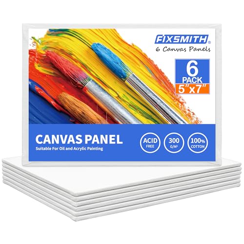 Image of FIXSMITH Canvas Boards for Painting 5x7 Inch, Super Value 6 Pack White Blank Canvas Panels, 100% Cotton Primed, Painting Art Supplies for Professionals, Hobby Painters, Students & Kids