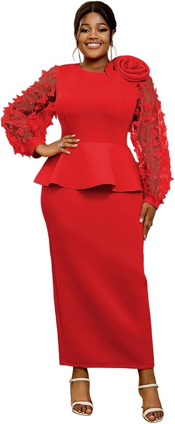 AOMEI Womens Elegant Butterfly Mesh Bishop Long Sleeve Round Neck Peplum Bodycon Evening Cocktail Maxi Dress with Flower