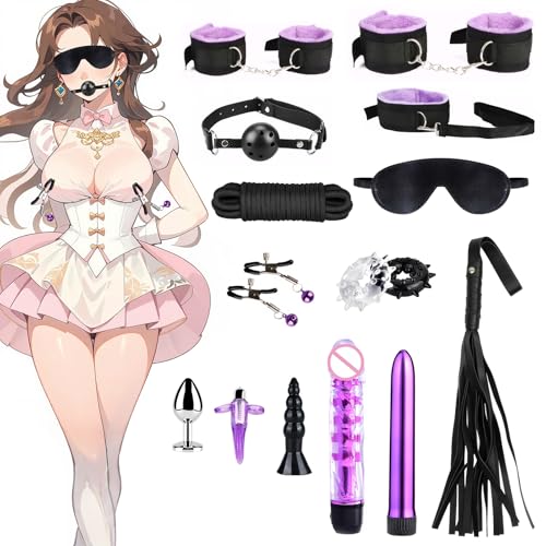 Sex Bondage Ties 15PCS BDSM Kit, Set de Juguetes Eroticos Sexuales para Parejas Set Bondage Ajustable Juegos de Adultos para Parejas Set de Sujeción para Accesorios Sexuales Plug Anal (Púrpura)