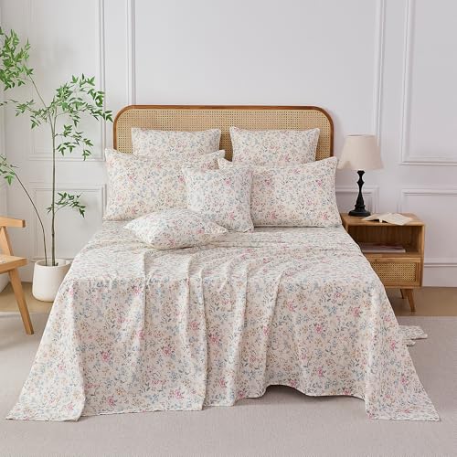 Image of FADFAY Muslin Cotton Floral Sheet Set California King, Multicolor Botanical Soft Breathable Lightweight Spring Summer Bedding Set with Fitted Sheet, Flat Sheet & Pillowcases