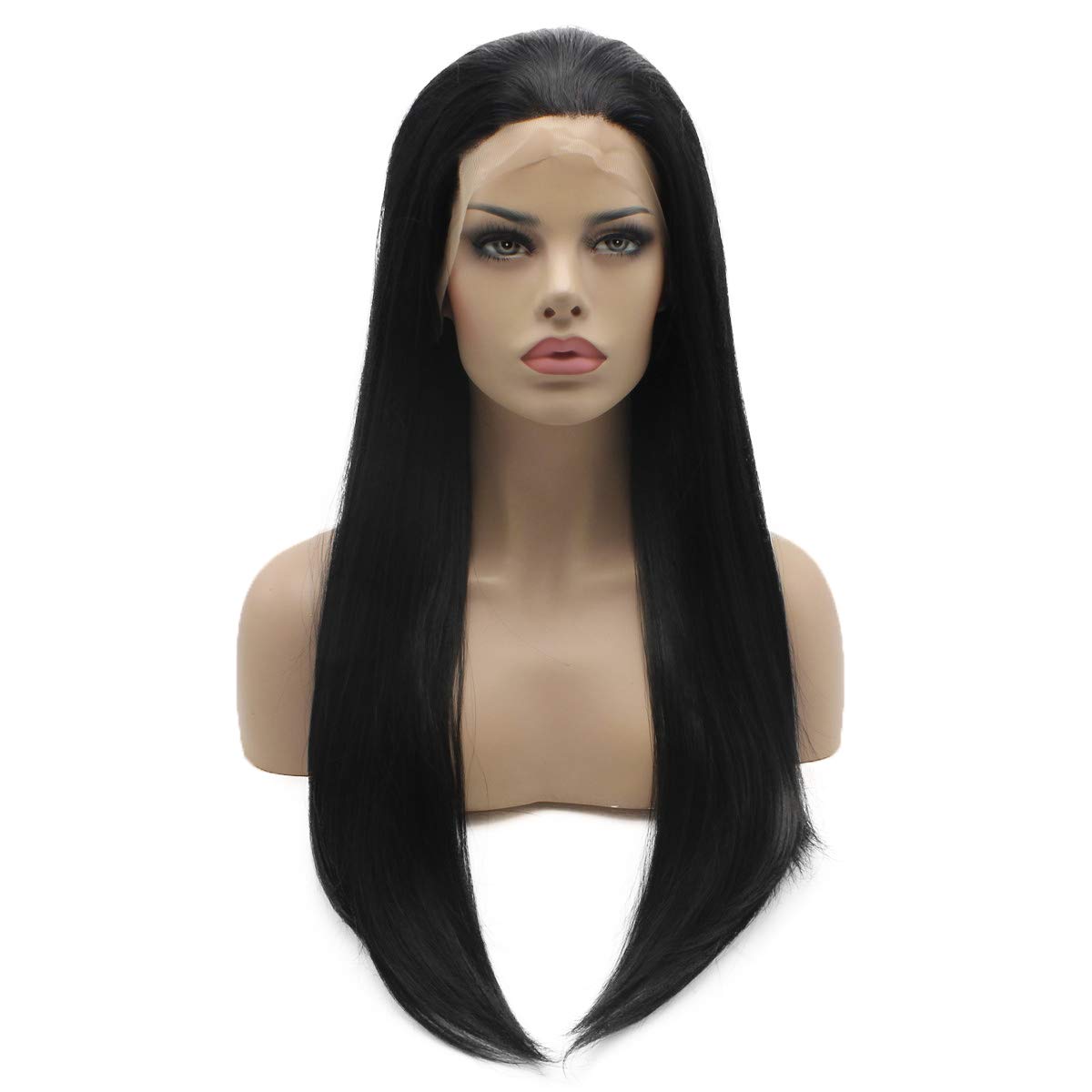 Lushy Straight Long 24inch Silky Black Wig Heat Friendly Heavy Density Realistic Synthetic Lace Front Wig