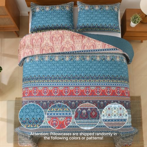 Image of Andency Brown Green Quilts Queen Size, 3 Pcs Boho Striped Bedspread | Soft Lightweight Brown Green Printed Bohemian Polyester Reversible Coverlet Comforter Sets for All Season (90 inchx96 inch)
