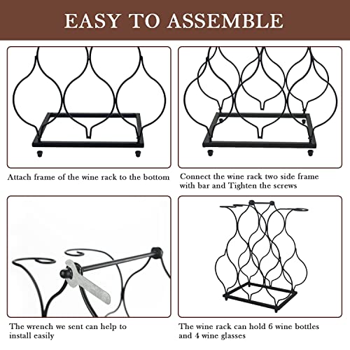 Urban Deco Small Wine Rack for 6 Wine Bottles with 4 Glasses Holder – Easy to Assemble Modern Countertop Metal Wire Wine Storage for Table Top Cabinet Kitchen Black