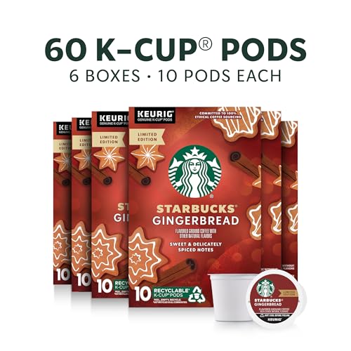 Image of Starbucks K-Cup Coffee Pods, Gingerbread Naturally Flavored Coffee For Keurig Brewers, 100% Arabica, Limited Edition Holiday Coffee, 6 Boxes (60 Pods Total)