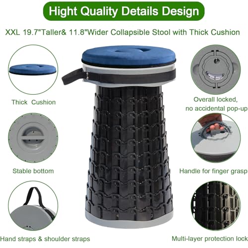 Image of 2026 Upgraded XXL Collapsible Stool with Thick Cushion,19.7 inchH-11.8 inchD Telescoping Folding Stool for Adults, More Sturdy Camping Stools with Load Capacity 1000lbs for Outdoor,Garden,Fishing,Hiking