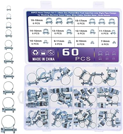 HSEAMALL60PCS Fuel Injection Hose Clamps,7-18mm Zinc Plated Steel Adjustable Pipe Hose Clip Tube Clamps