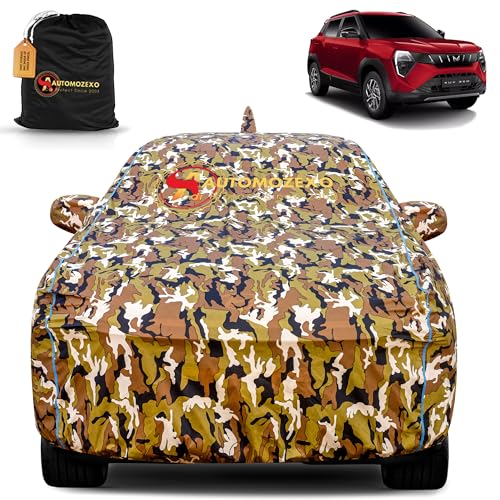 Image of XUV 3XO 100% Waterproof Car Cover for All Weather Protection with Mirror & Antena Pocket Inner Cotton Triple Stitched Cover with Adjustable Belt Bottom Elastic to Secure Fit-Jungle