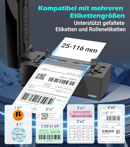 ORGBRO Bluetooth Etikettendrucker Z1 Plus DHL Thermodrucker Etikettiergerät 4x6 Versandetiketten Drucker Labeldrucker für Barcode, Adresse, Kompatibel mit Amazon, Etsy, Shopify, Schwarz