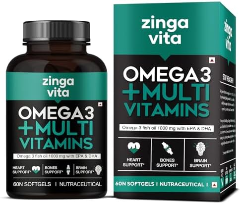 Zingavita Omega 3 Fish Oil Capsules 1000mg with Multivitamin| Omega 3 Supplement with 180 mg EPA,120 mg DHA,Ashwagandha for Energy,Heart,Joints & cholesterol Support