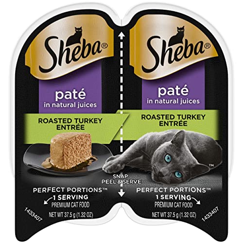 SHEBA Perfect Portions Paté Wet Cat Food Tray (1 Count, 2 Servings), Roasted Turkey Entrée, Easy Peel Twin-Pack Tray