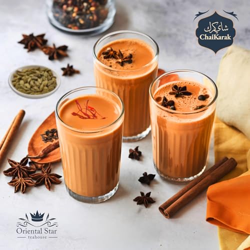 Chai Karak – Sofortiger Chai-Tee mit orientalischen Gewürzen, Safran, Kardamom, Zimt, Nelken – Luxusglas mit 250 g Pulver – cremige Textur – bis zu 25 Portionen – Geschenkidee