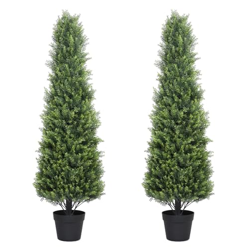 Artificial Cedar Topiary Trees Set of 2, 48'' UV Resistant Faux Cypress Pine Plants Outdoor, 4ft Large Realistic Faux Evergreen Cone Bushes & Shrubs for Front Porch Planter Decor Cedar Green
