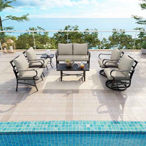 Image of 7 Pieces Patio Conversation Sets, All-Weather Metal Swivel Rocking Chairs with Rope Furniture Set, Outdoor Sofa Couch for Deck, Porch, Garden, Backyard, Poolside (Beige Cushions)
