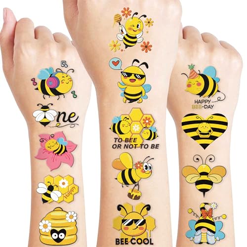 Image of 120 PCS Bee Pre-Cut Temporary Tattoos for Kids | | Super Cute First Themed Birthday Party Favors, Supplies, Decorations, Cute Animal Tattoo Stickers, Gifts for Boys Girls