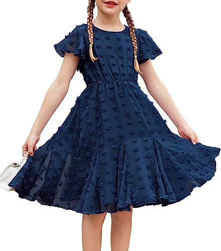 Arshiner Girls Summer Dress Swiss Dot Ruffle Short Sleeve Girly Party Dresses Navy Blue Size 8
