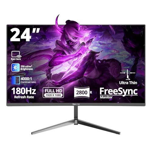 24 Zoll Curved Gaming Monitor mit 180Hz, FHD 1080p, 1ms Reaktionszeit, FreeSync, 100% sRGB, Ultra-Dünner Rahmen, 178° Blickwinkel, HDMI/DP Port, VESA 75x75mm, Perfekter Monitor für Gamer und Profis