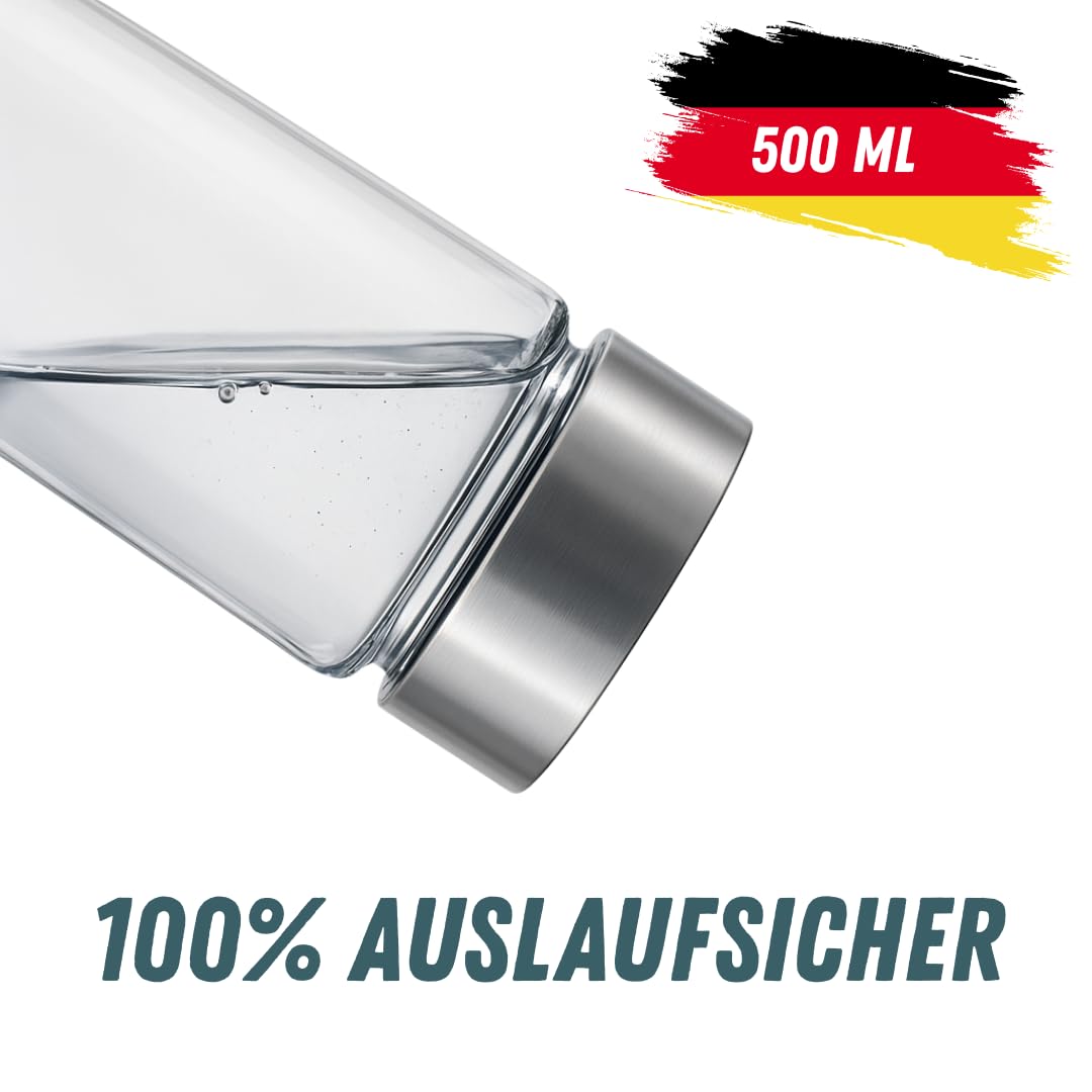 GLASFABRIK Premium Glas Shaker Proteinshake | 500 ml BPA-freie Glasflasche mit Edelstahlkugel | Nachhaltiger Protein Shaker aus Glas | Geschmacksneutral & auslaufsicher | Deutsche Markenqualität