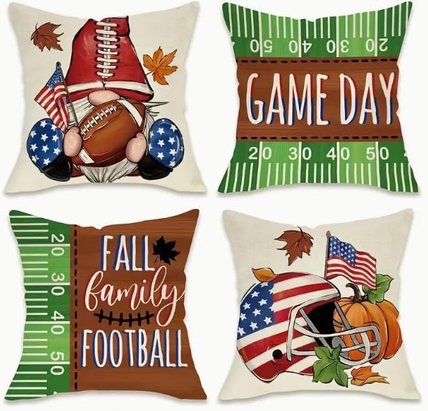 Fall Family Football Throw Pillow Covers,Game Day Scoreboard, American Flag Decorative Autumn Gnome Helmet Porch Patio Outdoor Pillowcase, Rugby America Flag Sofa Couch Cushion Case Home Decor