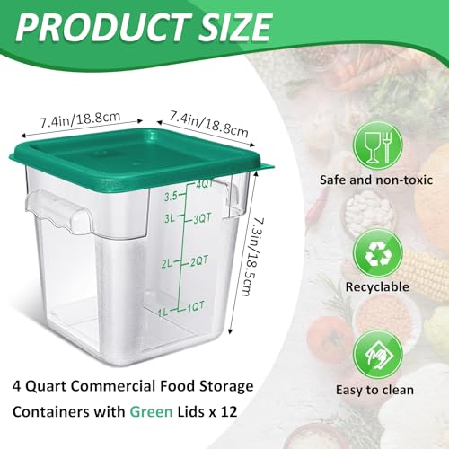 Yungyan 12 Pcs 4 Qt Commercial Food Storage Containers with Lids Restaurant Square Airtight Food Storage Containers Clear Cereal Containers for Kitchen Freezer Dishwasher Pantry(Green Lid)