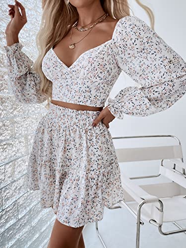 Floerns Women's Two Piece Outfit Sweetheart Neck Crop Top And Mini Skirt Set White Multi M #TOP28