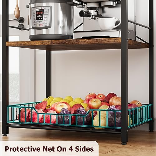 IDEALHOUSE Kitchen Bakers Rack, Microwave Oven Stand with Large Wire Basket, Industrial Coffee Bar Station, 4-Tier Kitchen Utility Storage Shelf with 8 Hooks for Spice, Pots Organizer, Rustic Brown - Thumbnail 7