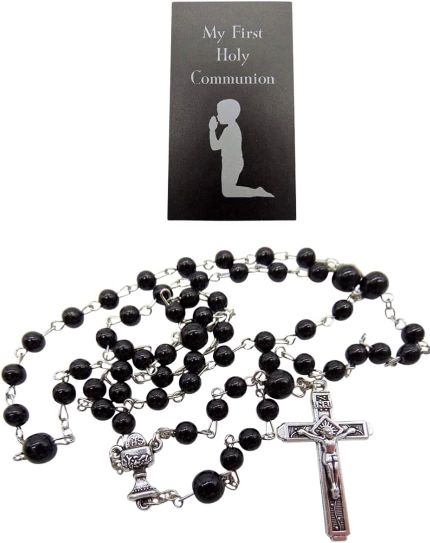 Westmon Works First Communion Rosary Set with Glass Black Beads Metal Crucifix and Protective Case and Holy Card