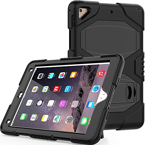 Hansin iPad 9.7 2018/2017 Case, Heavy Duty Shockproof Rugged Hybrid Impact Resistant Armor Defender Full Body Protective Silicone Kickstand Cover for Apple iPad 9.7-inch, Black